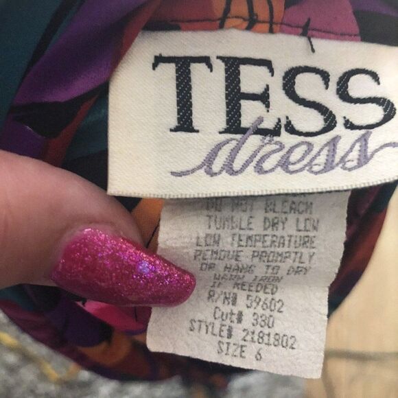 Vintage 80's Tess Dress S Bright Floral Print Blouson Turquoise Purple Sheath - Picture 12 of 12